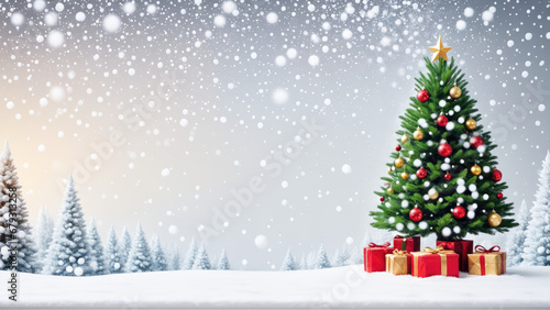 christmas background with christmas tree  ornaments  presents and snowfall