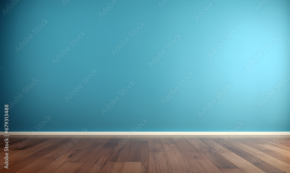 Empty room with a soothing blue wall and wooden flooring, a blank canvas for creativity.