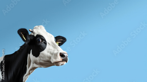 Funny cute cow isolated on blue. Talking black and white cow close up. Funny curious cow. Farm animals. Pet cow on sky background looking at the camera © PaulShlykov