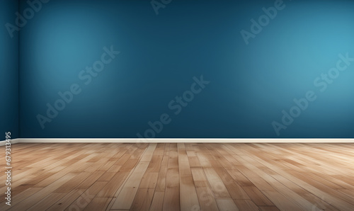 Empty room with a soothing blue wall and wooden flooring, a blank canvas for creativity.