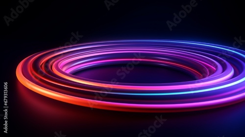 3d render  abstract minimal geometric background with colorful neon rings  lines glowing in the dark