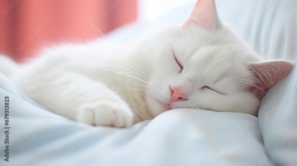 White cat sleeping in bed. Generative AI,