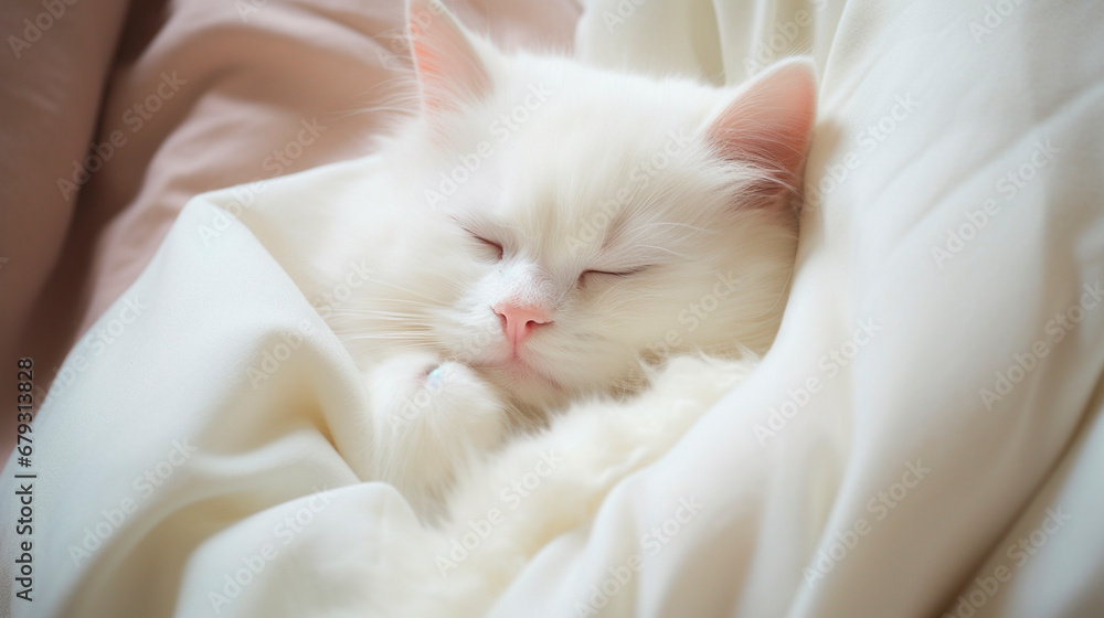 White cat sleeping in bed. Generative AI,