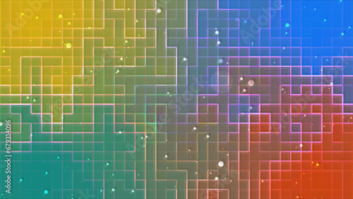 A digital square grid and moving particles are isolated on a gradient background. Pixelated technology background with colored squares
