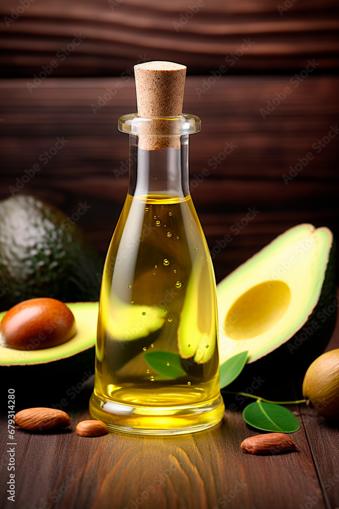 Avocado cosmetic oil on a wooden background. Generative AI, Avocado cosmetic oil on a wooden background. Generative AI,