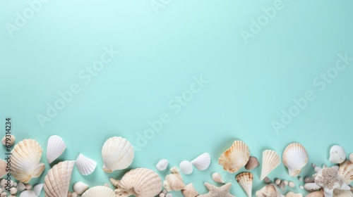 shells and stones on a mint background.