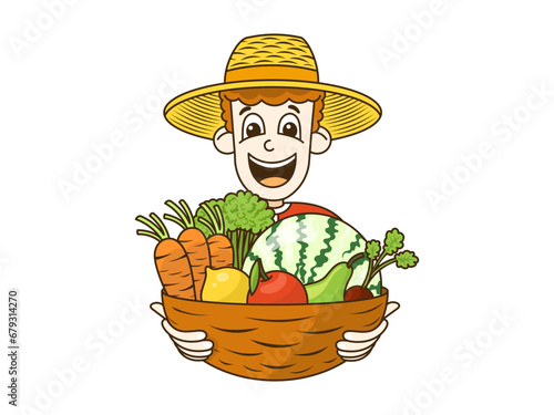 Portrait of a happy boy gardener in solo with a large basket of ripe fruits and vegetables. Flat vector illustration with outline.