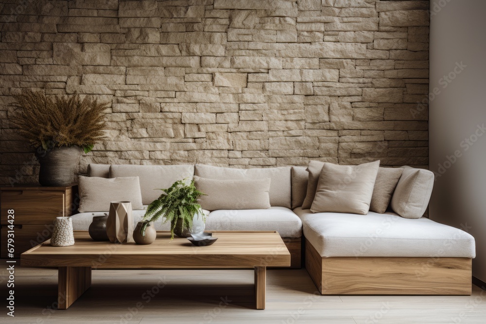 Beige corner sofa in the contemporary minimalist living room interior
