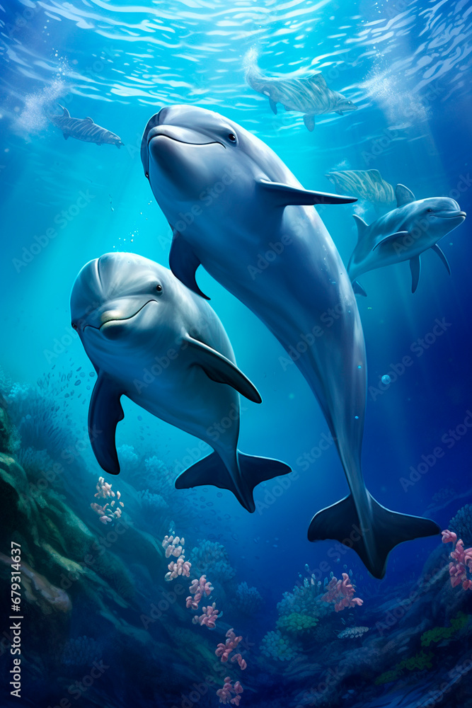 Obraz premium Dolphin in the sea underwater world. Generative AI,