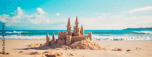 Sand castle on the seashore. Generative AI,