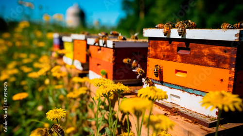 Beehive apiary bees and flowers in the meadow. Generative AI, © yanadjan
