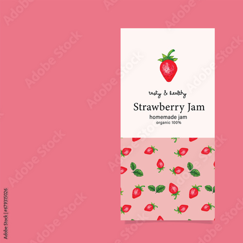 Strawberry logo label on pattern background. Watercolor hand drawn painting strawberry. Organic and natural product guaranteed banner. Vector logo design.