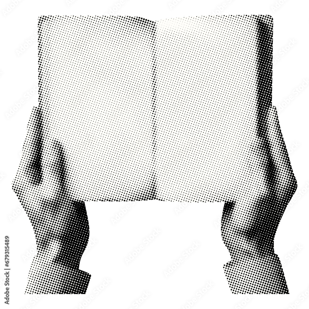hands holding open book isolated retro grunge halftone dotted texture vintage magazine style collage element for mixed media design