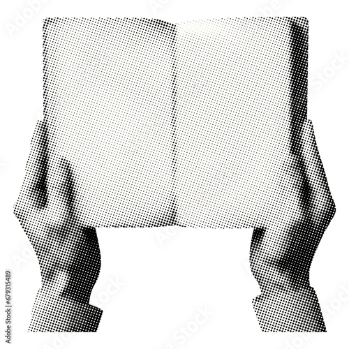hands holding open book isolated retro grunge halftone dotted texture vintage magazine style collage element for mixed media design photo