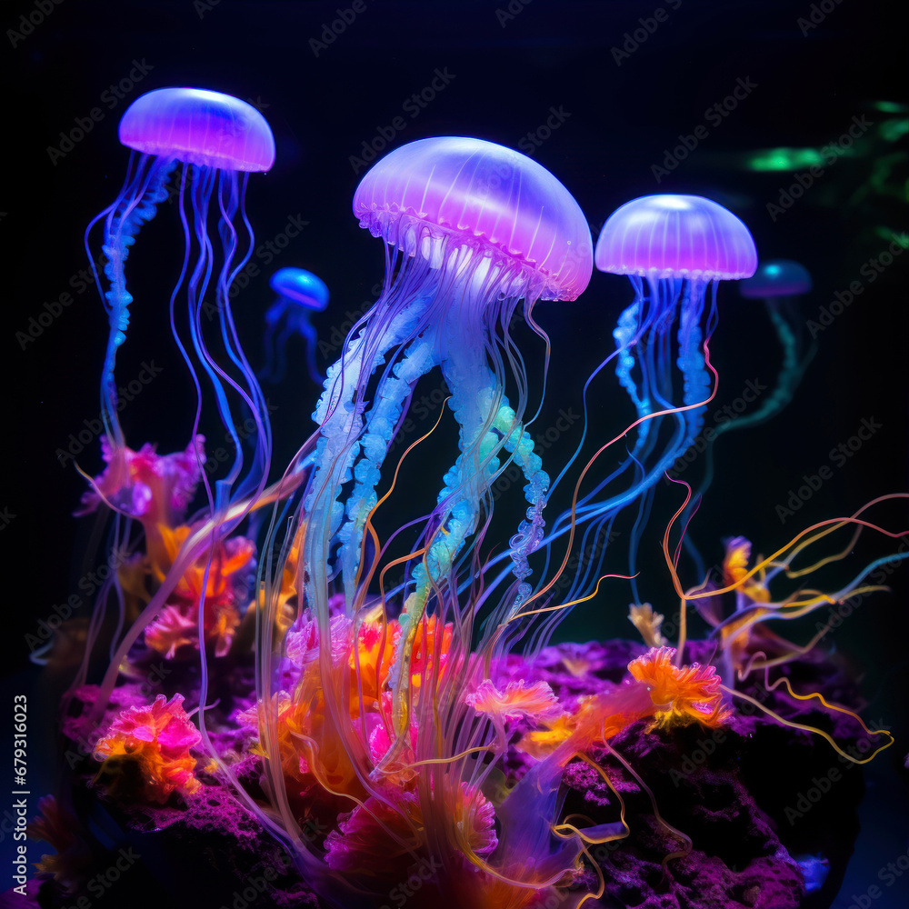 Jellyfish swimming in the water. Colorful jellyfish in aquarium Jellyfish swimming in the water. Colorful jellyfish in aquarium
