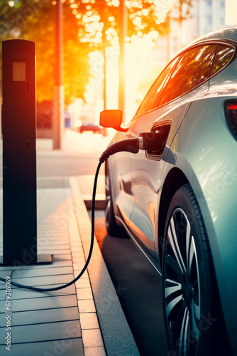 An electric car is at a gas station. Generative AI, © yanadjan