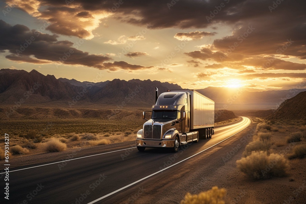 Majestic scene capturing a transport semi-truck effortlessly crossing the expansive terrain of the southwest United States, a representation of logistics, freight, and delivery,