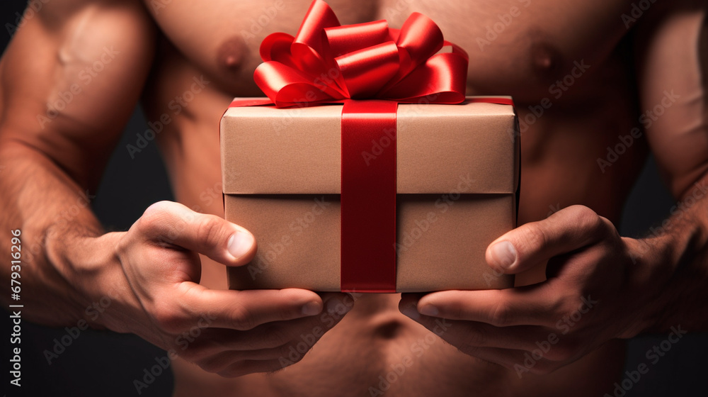 Muscular male arms hold a gift in their hands. Generative AI, Muscular male arms hold a gift in their hands. Generative AI,
