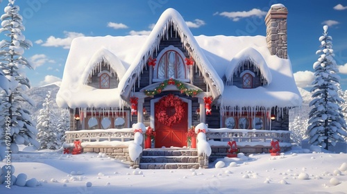 Picture of Santa Claus' home closeup from the outside. The house stands on snowy ground, it has a fence for reindeers and a smokey chimney. 
