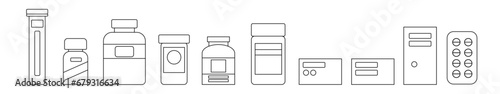 Set of pills and medicine bottles with labels. Drugs, tablets, capsules, vitamins, supplements pill, nutrients, probiotics, painkiller, antibiotic, vector icon  illustration, outline.