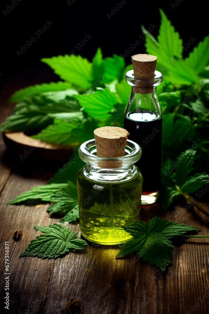 Nettle cosmetic oil on a wooden background. Generative AI, Nettle cosmetic oil on a wooden background. Generative AI,