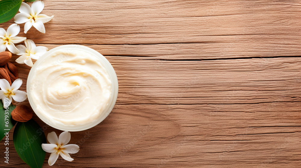 Cosmetic shea butter on a wooden background. Generative AI, Cosmetic shea butter on a wooden background. Generative AI,