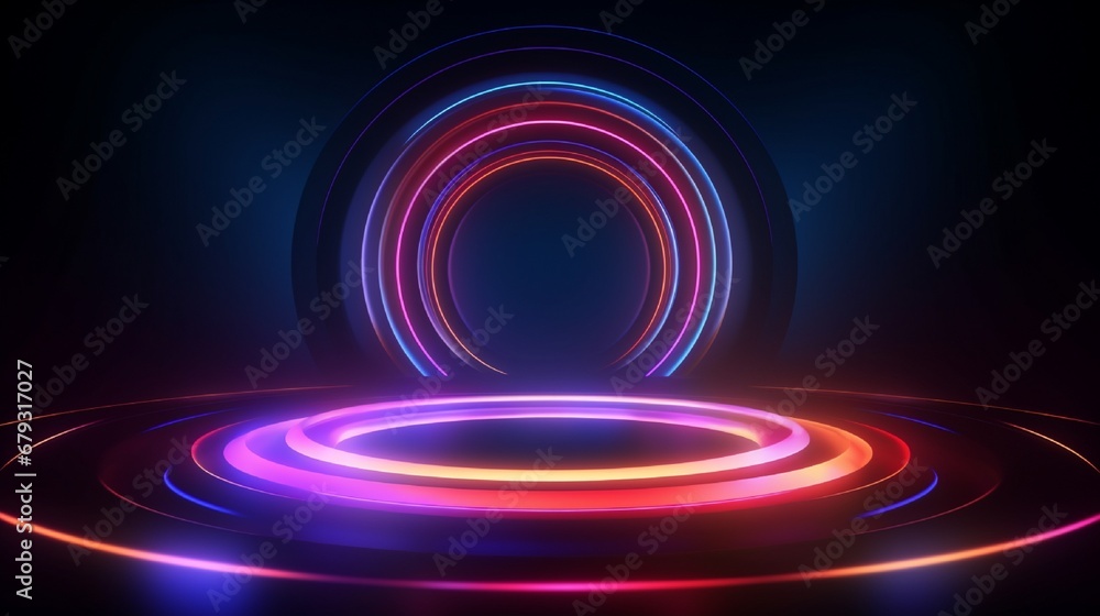 Abstract neon background with multicolored glowing rings on dark background. Empty glowing techno backdrop. Luminous swirling. Floor reflection. Frame, circle, ring shape, empty space. 3D illustration Abstract neon background with multicolored glowing rings on dark background. Empty glowing techno backdrop. Luminous swirling. Floor reflection. Frame, circle, ring shape, empty space. 3D illustration