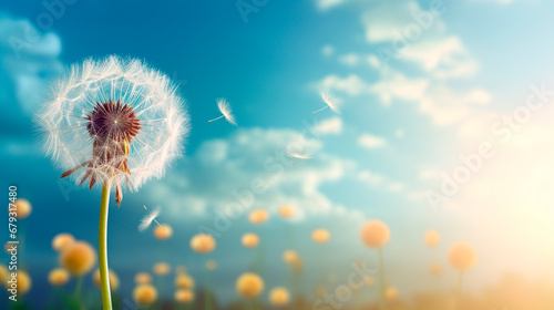 Beautiful dandelion against the sky. Generative AI,