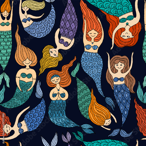 Cute mermaid friends, concept kids print, hand drawn art. Seamless pattern fo...