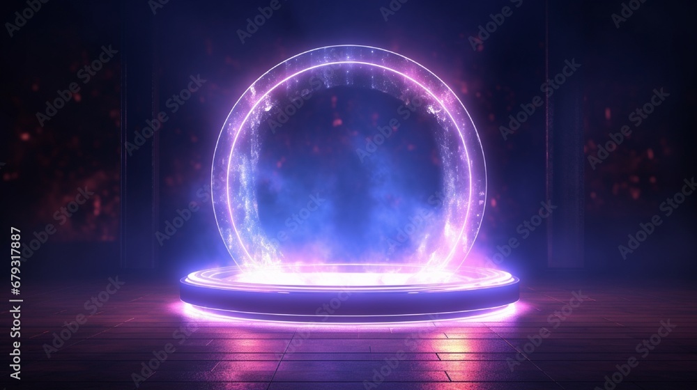 Magic fantasy portal. Round light frame, futuristic teleport. light effect. Neon lights illuminate the night scene with sparks on a transparent background. Light effect of an empty podium. Magic fantasy portal. Round light frame, futuristic teleport. light effect. Neon lights illuminate the night scene with sparks on a transparent background. Light effect of an empty podium.