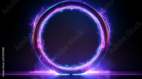 Magic fantasy portal. Round light frame, Futuristic teleport. light effect. Blue, purple, neon lights illuminate the night scene with sparks on a transparent background. Light effect of an empty podiu