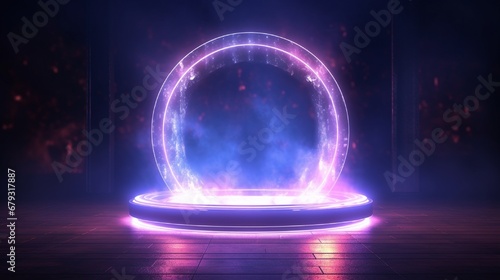 Magic fantasy portal. Round light frame, futuristic teleport. light effect. Neon lights illuminate the night scene with sparks on a transparent background. Light effect of an empty podium.