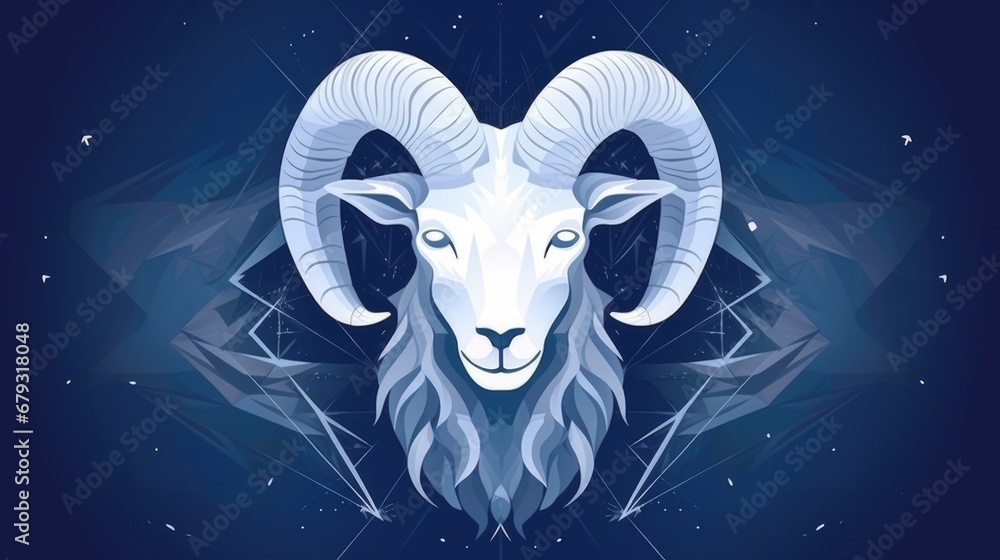 A ram head with geometric shapes on a dark blue background. A ram head with geometric shapes on a dark blue background.