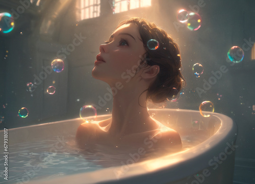 Young woman in a bathtub with soap bubbles. Beauty, fashion.