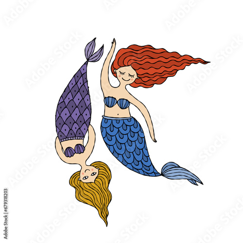 Cute mermaid friends, concept kids print, hand drawn art. Art for print - car...