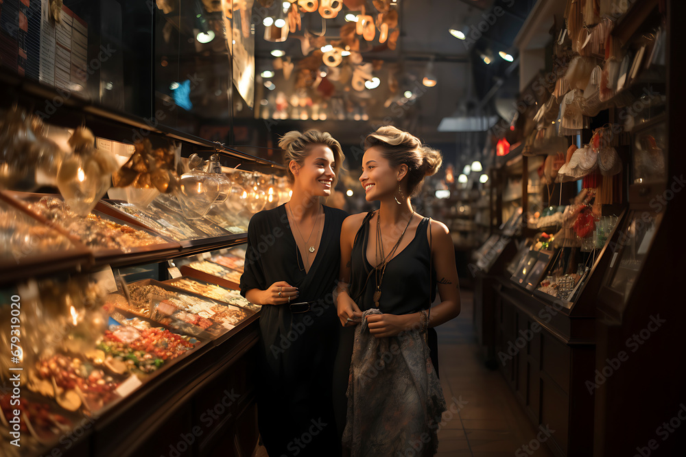 Two beautiful women, shopping in a traditional market.