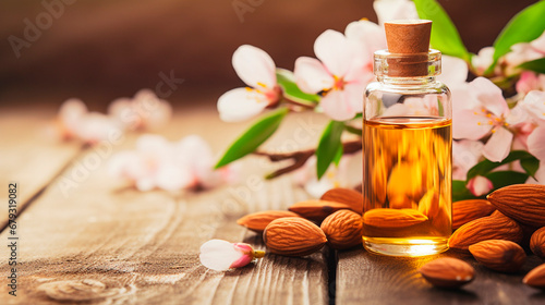 almond essential oil in a bottle. Generative AI, © yanadjan