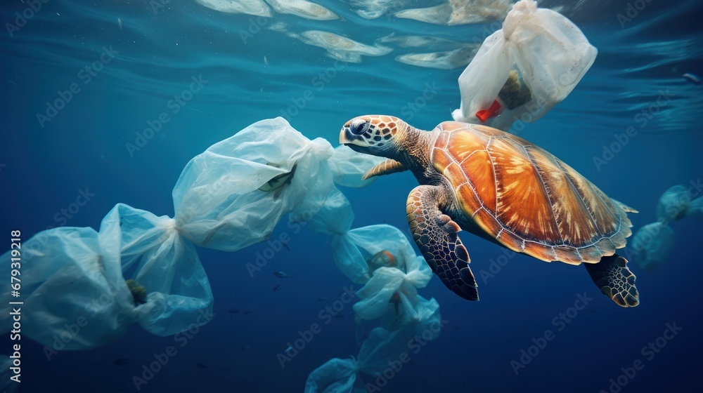 Environmental issue of plastic pollution problem. Sea Turtles can eat