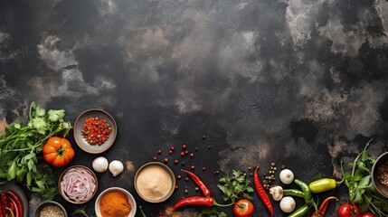 Asian food background with various ingredients on rustic stone background , top view. Vietnam and Thai cuisine.