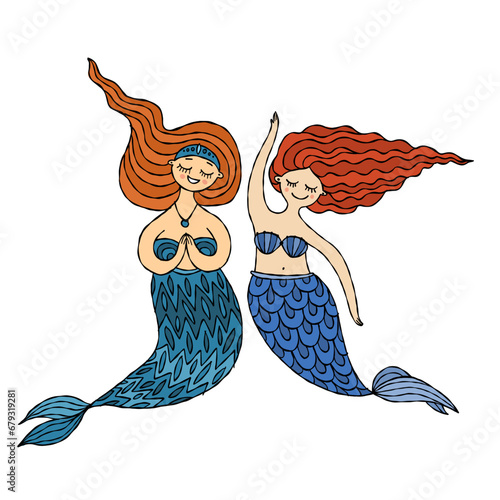 Cute mermaid friends, concept kids print, hand drawn art. Art for print - car...