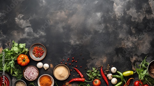 Asian food background with various ingredients on rustic stone background , top view. Vietnam and Thai cuisine. photo