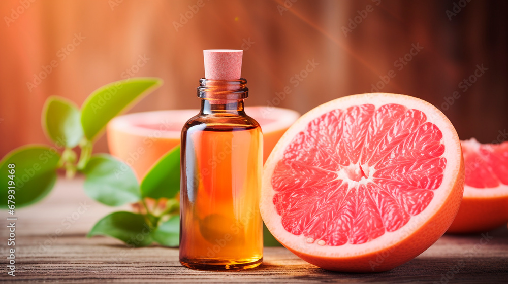 grapefruit essential oil in a bottle. Generative AI, grapefruit essential oil in a bottle. Generative AI,