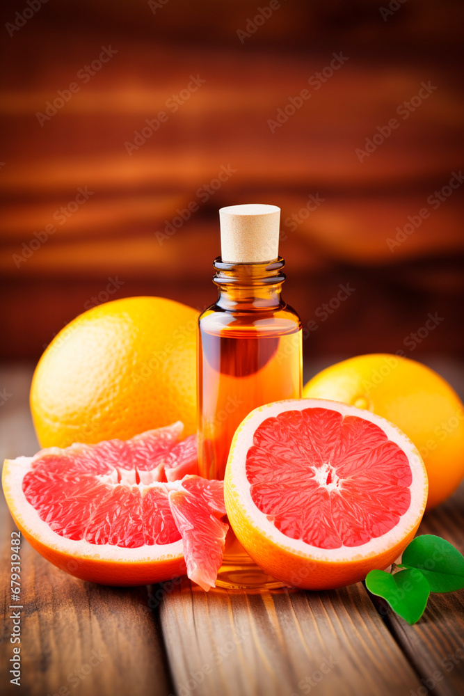 grapefruit essential oil in a bottle. Generative AI, grapefruit essential oil in a bottle. Generative AI,
