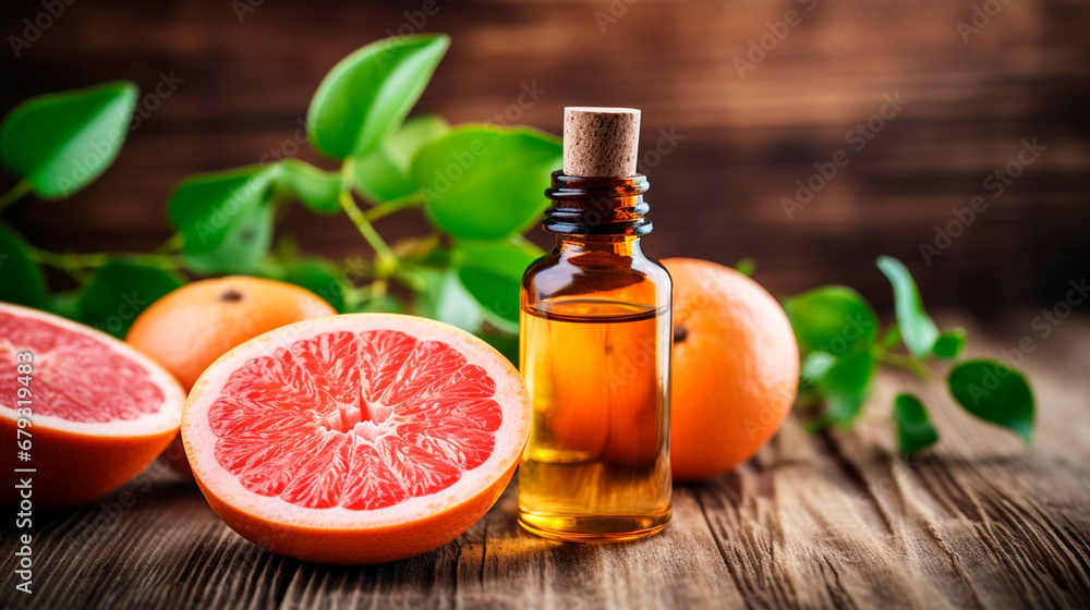 grapefruit essential oil in a bottle. Generative AI, grapefruit essential oil in a bottle. Generative AI,