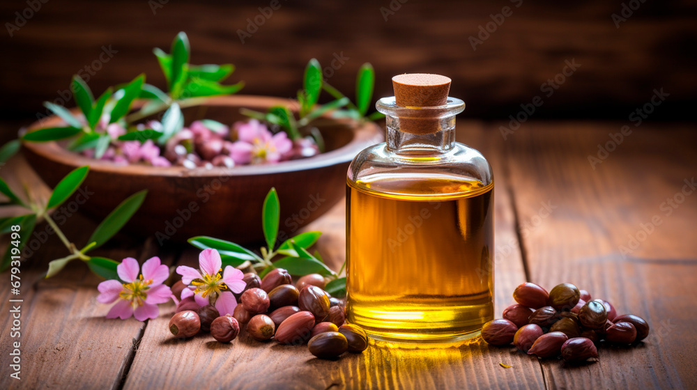 Jojoba essential oil in a bottle. Generative AI, Jojoba essential oil in a bottle. Generative AI,