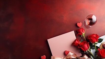 Valentine's day dinner concept. Top view table with setting for romantic dinner, bottle of wine champagne, glasses, white gift box, candies. Valentines card. Valentines day banner with copy space.