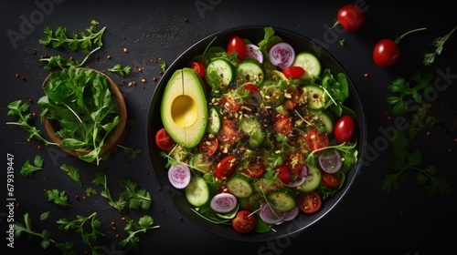 Diet menu. Healthy salad of fresh vegetables - tomatoes, avocado, arugula, radish and seeds on a bowl. Vegan food. Flat lay. Top view