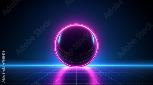 Neon color geometric circle sphere on a dark background. Sphere structure, luminous line, neon sign. Reflection of blue and pink neon light on the floor. Rays of light in the dark. Vector. EPS 10