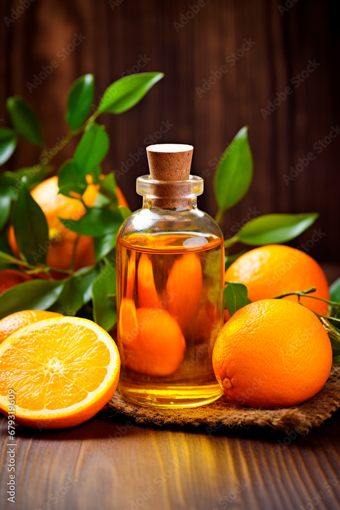 orange essential oil in a bottle. Generative AI, orange essential oil in a bottle. Generative AI,