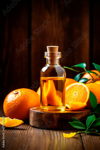 orange essential oil in a bottle. Generative AI,